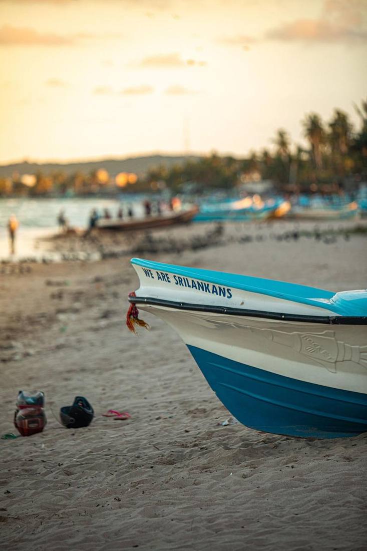 Blue and white boat on the beach
